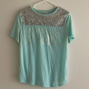 VS PINK | Women’s Aqua Iridescent Sequin Short Sleeve Distressed Logo Top Size M
